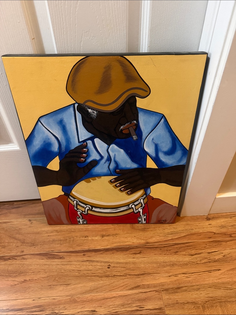 Hand-Painted Drummer Canvas Wall Art – Yellow and Blue